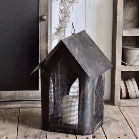 Laterne Haus mit Netz Metall Antik Kohle Windlicht Chic Antique