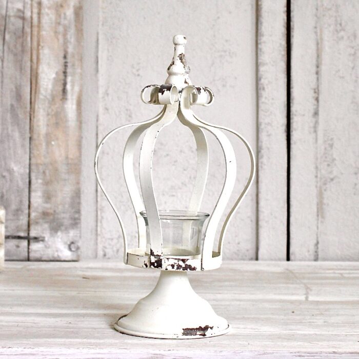 Teelichthalter Krone auf Fuss Eisen Glas Antik Cream Ø14,5xH.26cm
