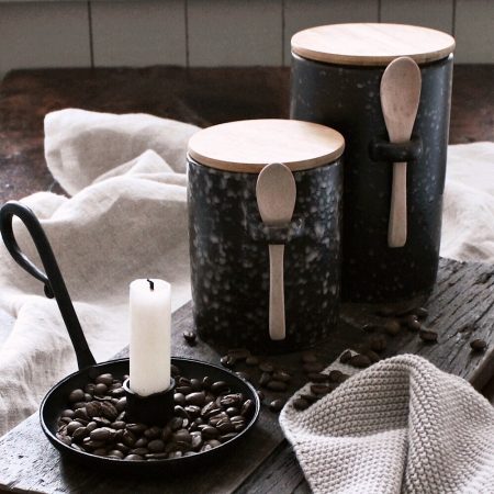 Behälter mit Deckel & Löffel Porzellan Holz rund Kohle Chic Antique