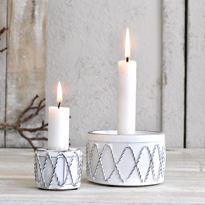 Kerzenhalter Trommel aus Eisen in Shabby Chic Weiss Kerzenständer rund